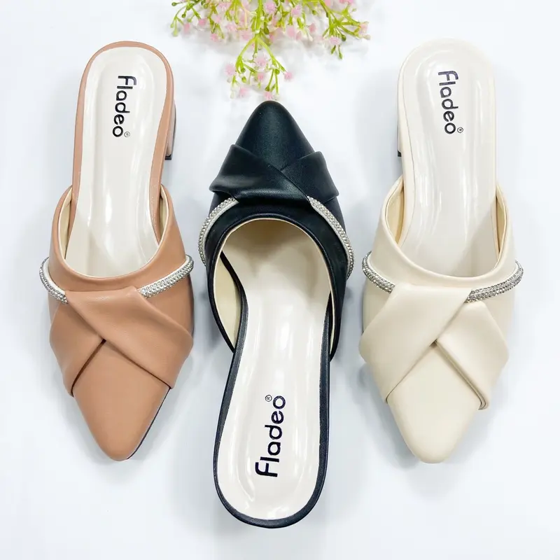 FLADEO Selop Sandal Wanita Variasi Tali Silang Gliter Hak Tahu 3CM Trendy Dan Simple Sendal Shoes 0
