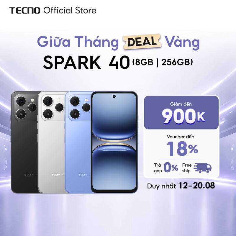 Điện thoại TECNO SPARK 40 (8GB/256GB) - Màn hình 6.67" 120Hz | Pin 5200 mAh + Sạc nhanh 45W |  Loa kép | NFC