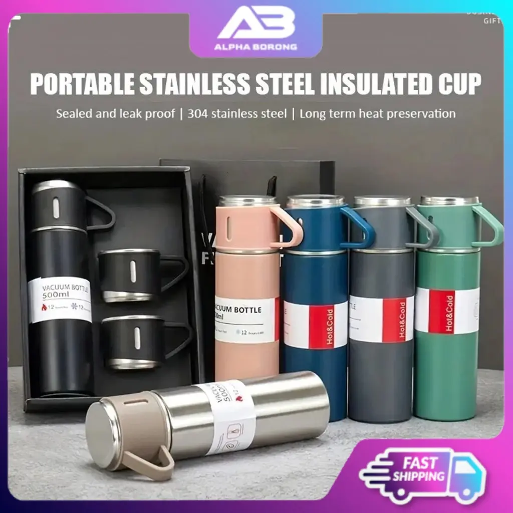 【Alpha Borong】500ml Vacuum Flask Set 304 Stainless Steel Flask Bottle Cup Gift Set Cawan