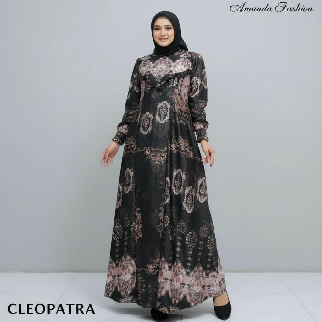 Gamis Amanda Cleopatra Bahan Silky Printing Motif Cantik Rompi Kanan Kiri MOTIF BUNGA RANDOM(Free Pouch)
