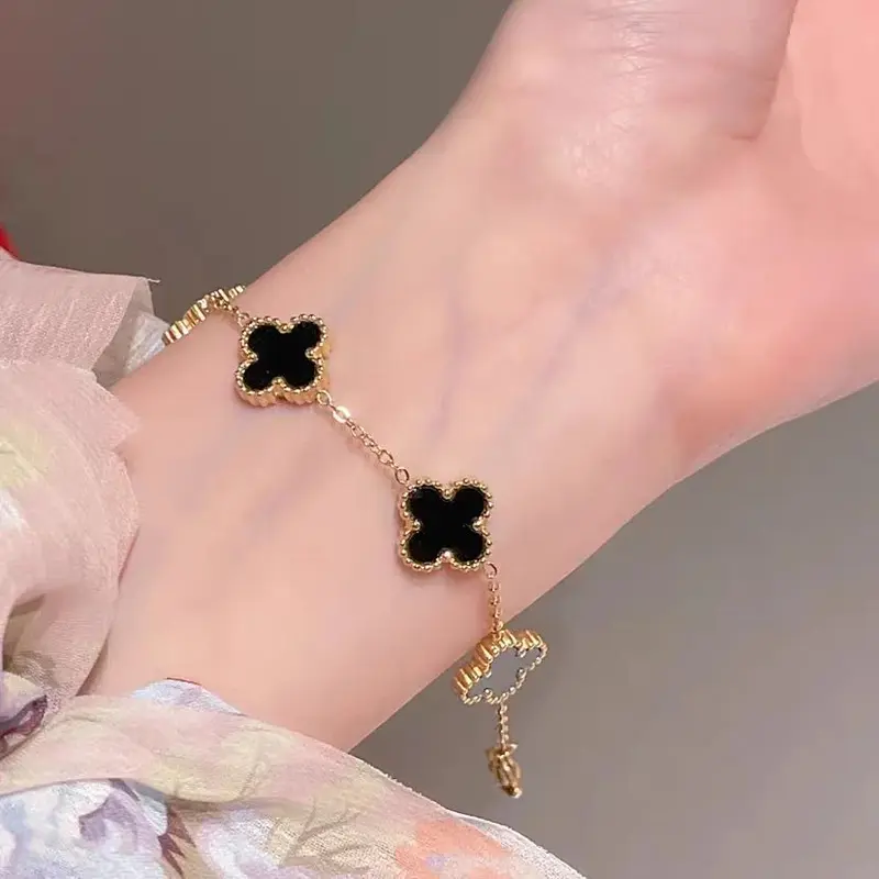 [ ZAHRA ] Gelang Tangan Titanium Wanita Fashion Bunga Gerigi Hitam Terlaris Perhiasan Wanita daily Fashion original Korean Style Anti Karat dan Luntur Bracelets 3