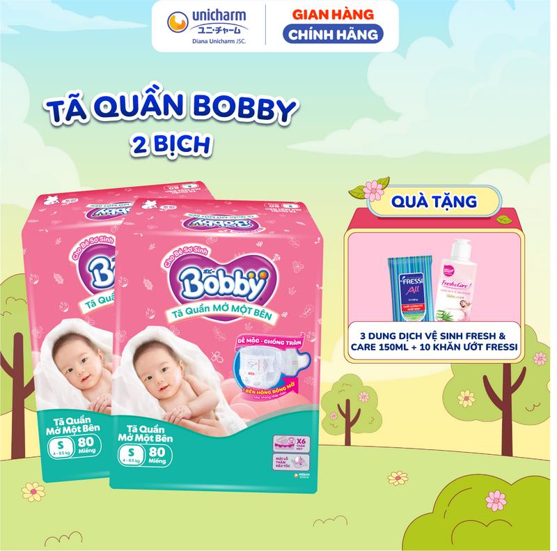 [MỚI] Combo 2 Tã/bỉm quần Mở Một Bên Bobby - Tiện Lợi, Dễ Mặc - Size NB 70+6/S 80/M 62 Miếng
