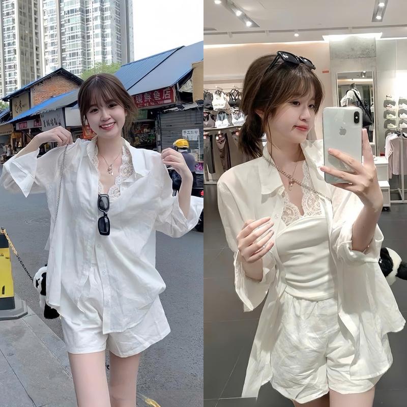 Set đồ nữ 3 món áo lót thun tăm phối ren kèm khoác sơ mi form rộng tay dài mix quần đùi sang chảnh dành cho các nàng diện đi chơi