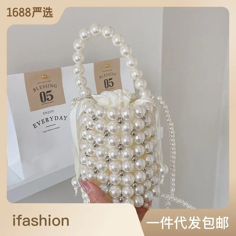 Beg baldi tenunan tangan tulen, produk siap, beg wanita gaya Korea baharu, beg mutiara mini, beg bahu pegang tangan  Emas Bags Gojo Satoru