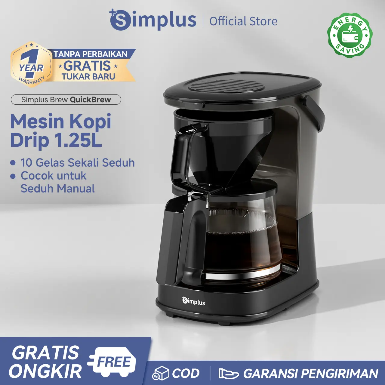 【SUPER PROMO】SIMPLUS Mesin Kopi 1,25L Kapasitas Besar 10 Porsi Filter Otomatis Tetes Untuk Kopi dan Teh KFJH012