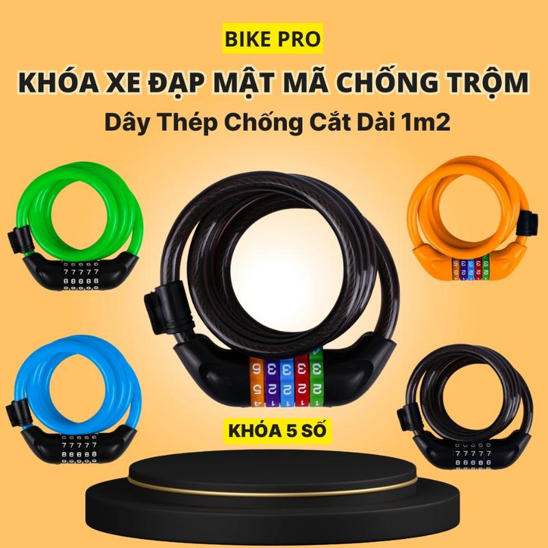 Khóa Xe Đạp Chống Trộm Lõi Thép Bọc Nhựa PVC Cắt Dây 5 Số Dài 1m2 Thay Đổi Mật Khẩu Cao Cấp