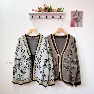 Zifa Cardigan Rajut Wanita Oversize Motif Bunga - Cardigan Tali from Harira Style