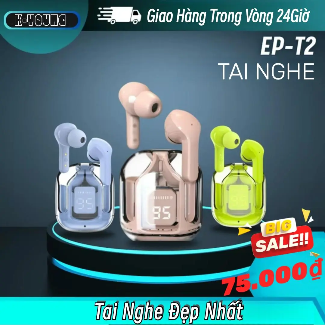 Tai Nghe EP-T2 Thân Trong Suốt [Món quà miễn phí] Bao tay choi game, Macron 6 màu, iPX5 chống nước, Âm thanh nổi không dây thực sự với màn hình kỹ thuật số, Micrô tích hợp