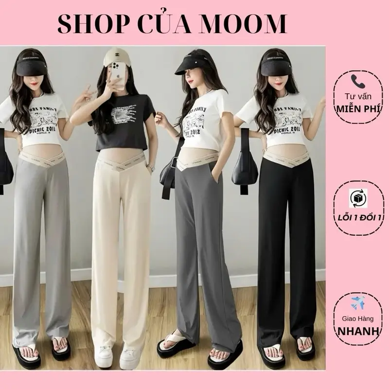 [Nhà Moom] Quần bầu ống suông cạp chéo chun cho Mẹ Bầu.Chất Tăm Gân Thái