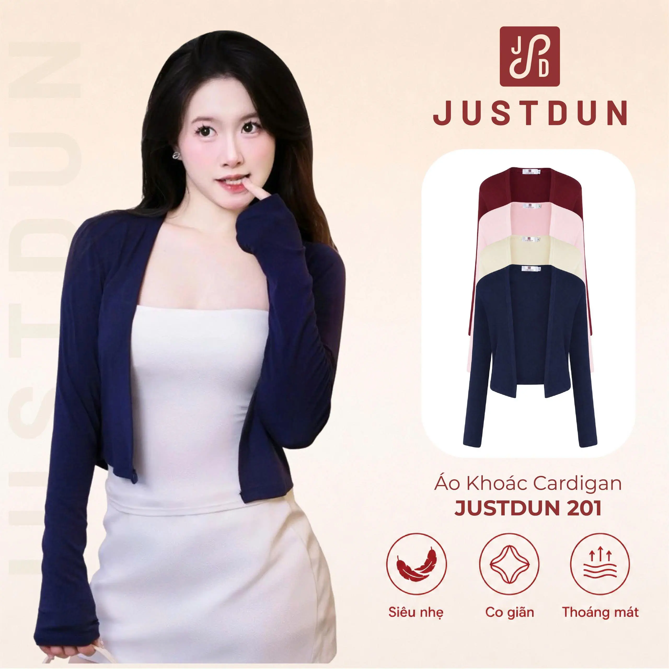 JUSTDUN Áo Khoác Cardigan 201 Nữ - Dáng Vừa, Vải Cotton Mịn, Mềm Mại, Thoáng Mát, Co Giãn Êm Ái