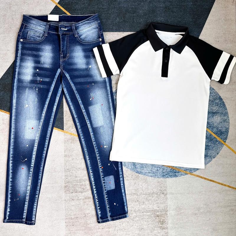 COMBO HOTTREND QUẦN JEANS XANH NAM 2 ĐÁY CO GIÃN , VẪY SƠN TRẮNG ĐỎ TẠO ĐIỂM NHẤN ĐẸP PHỐI ÁO POLO TRẮNG TAY BO , SỌC TAY ĐEN , CHẤT BOLI MỊN MÁT SIÊU ĐẸP