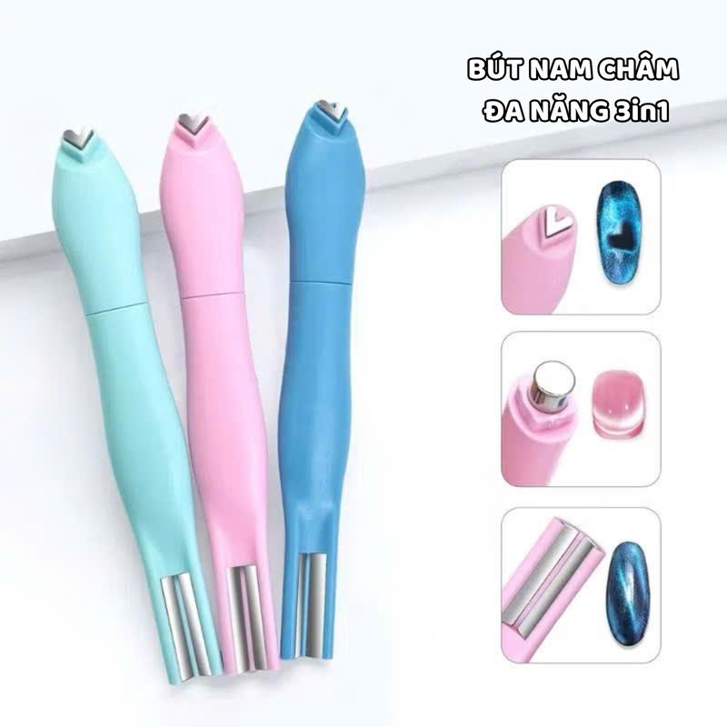 Bút Nam Châm 3in1 Đa Năng Hơ Mắt Mèo Làm Nail Tạo Hình Trái Tim, Ánh Trăng, Vạch Sánh Đôi Double Line Màu Ngẫu Nhiên Dễ Cầm Dễ Tháo, Chắc Tay, Lưc Hút Mạnh