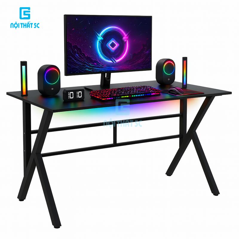 Bàn Gaming Bàn Làm Việc 1m4 & 1m2 Nội Thất 5C-Model 3 bản nâng cấp chân sắt hộp 40x40mm kèm phụ kiện giá để cốc + giá treo tai nghe xoay 360 độ tiện lợi màu trắng đen không kèm kệ diện tích lớn để PC,mặt bàn gỗ mdf dày 15mm NỘI THẤT 5C