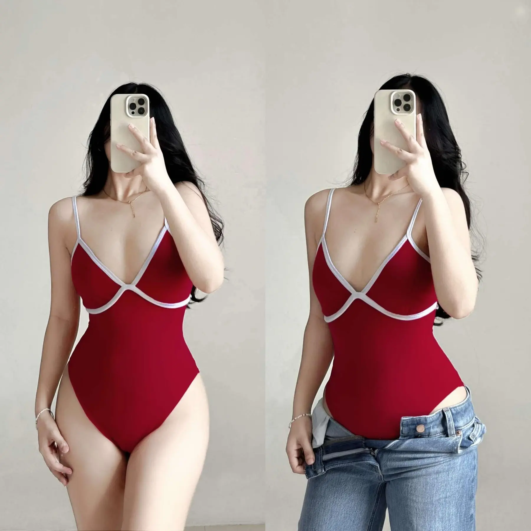 Angelica Bodysuit Plunging Neckline Deep V-Neck Sleeveless Cotton Women's Basic Swimwear
