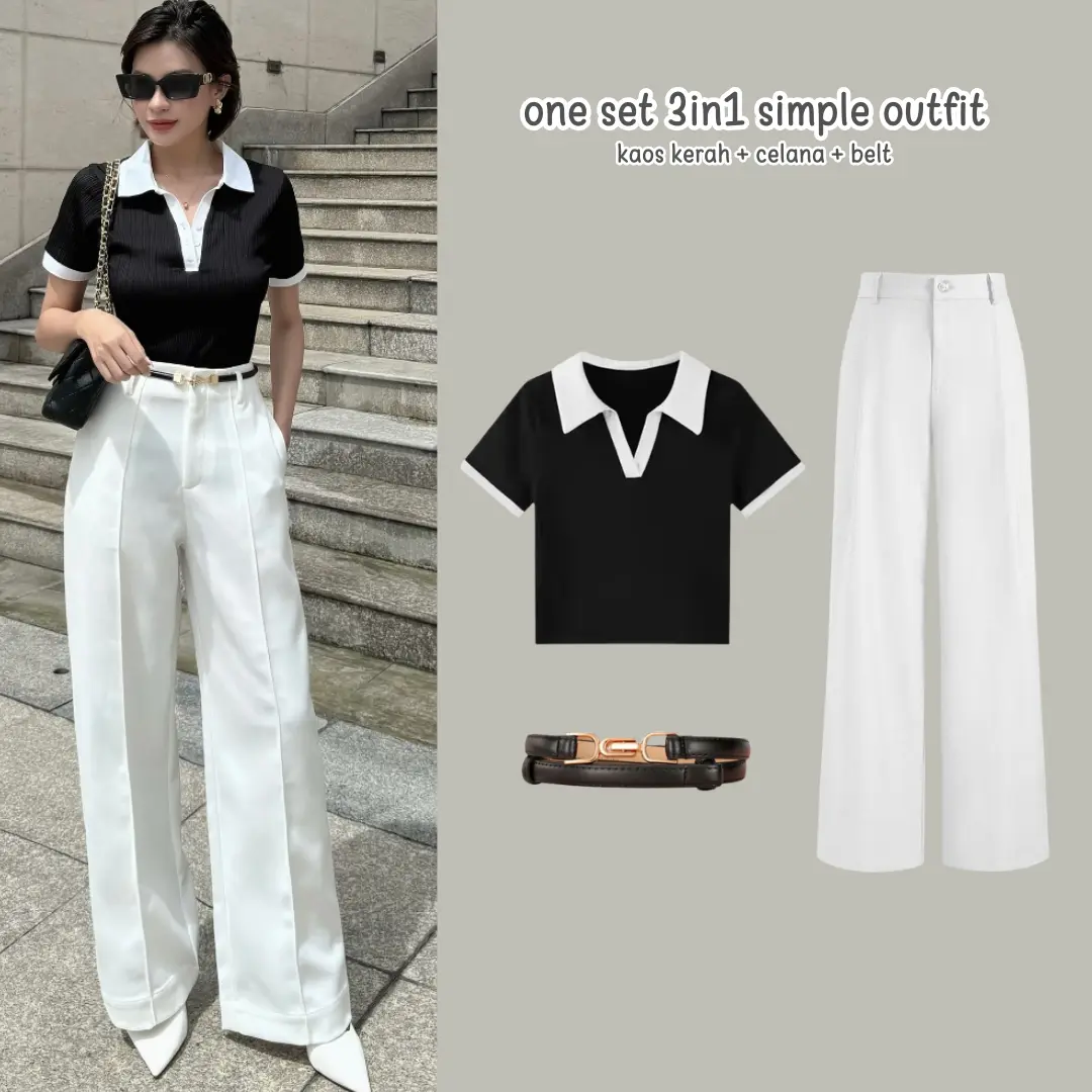 One Set Korean Style 3in1 Kaos Kerah Celana Kulot Knit Belt Ikat Pinggang Wanita Simple CH 131
