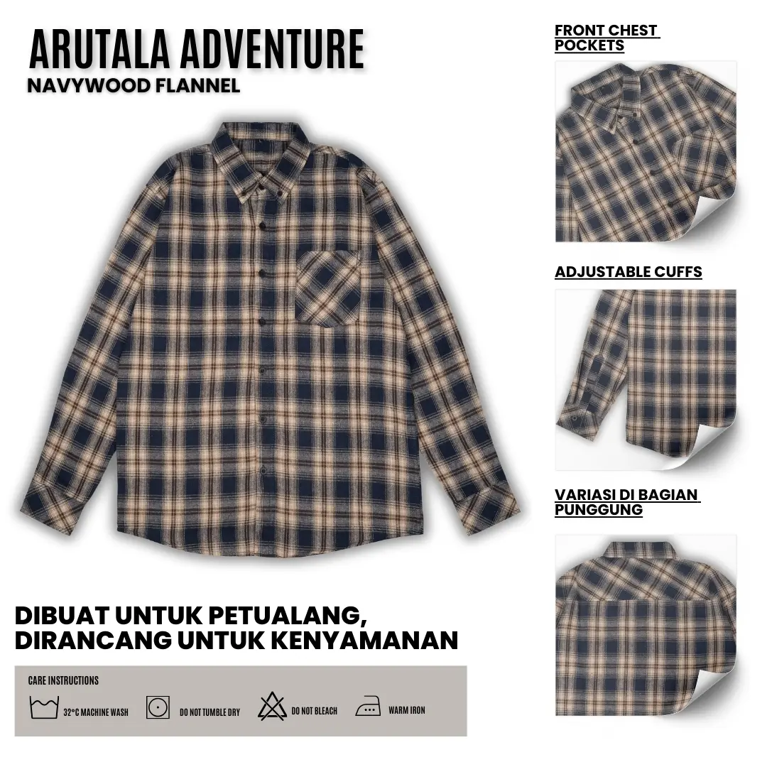 Arutala Adventure - Navywood Longsleeve Flannel Kemeja Lengan Panjang Outer Pria Nyaman Casual