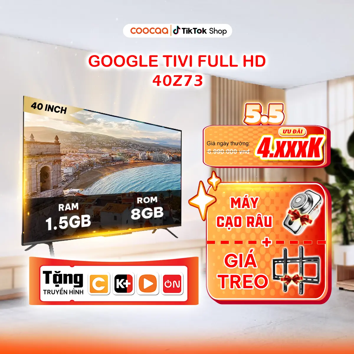 【TẶNG GIÁ TREO + MÁY CẠO RÂU 】Coocaa Google Tivi 40Z73 40 Inch - Độ Phân Giải Full HD - Bảo Hành 2 Năm - Remote Điều Khiển Giọng Nói – Bluetooth - Kho Tàng Ứng Dụng  - Kết Nối Wifi  - Âm Thanh Dolby - Bảo Vệ Mắt - Xem Phim - Xem Bóng Đá tv coocaa