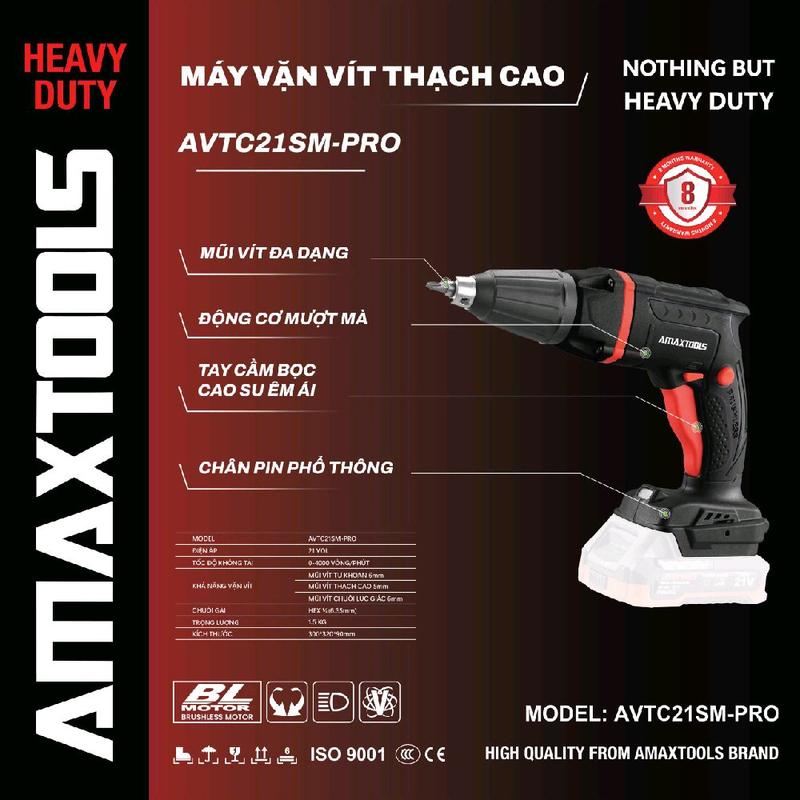 Máy vặn vít thạch cao Amaxtools AVTC 21SM-PRO chân pin phổ thông, động cơ lõi đồng, chuyên dụng làm thạch cao