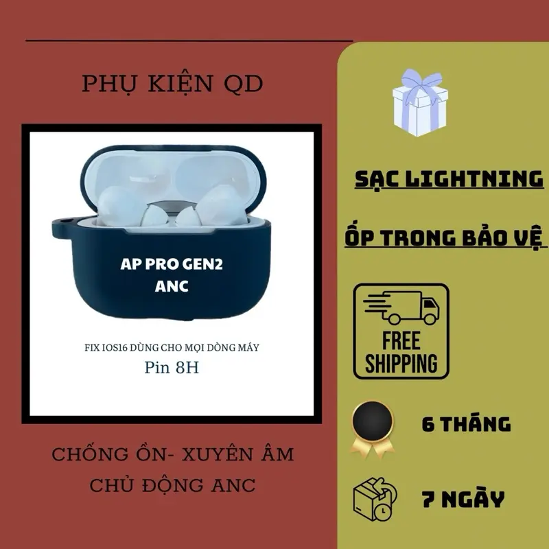 Tai Nghe Bluetooth Pro Gen2 ANC [ Loa To Bass Căng] Chống Ồn 40db- Xuyên Âm Chủ Động | Pin 8H Kèm Ốp Bảo Vệ+ Cap Usb. Bảo Hành 6 Tháng Lỗi Đổi Mới Nhét Tai Nhạc Earphone, Micro Tích Hợp Sẵn Nghe Nhạc Bluetooth 0
