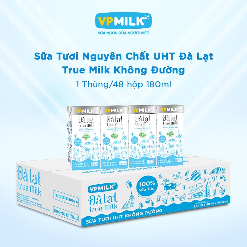   Thùng 180ml 48 hộp  Sữa tươi VPMilk Đà Lạt True Milk không đường Sữa tươi nguyên chất hoàn toàn từ cao nguyên Đà Lạt  Vị Tươi Rất Đà Lạt 
