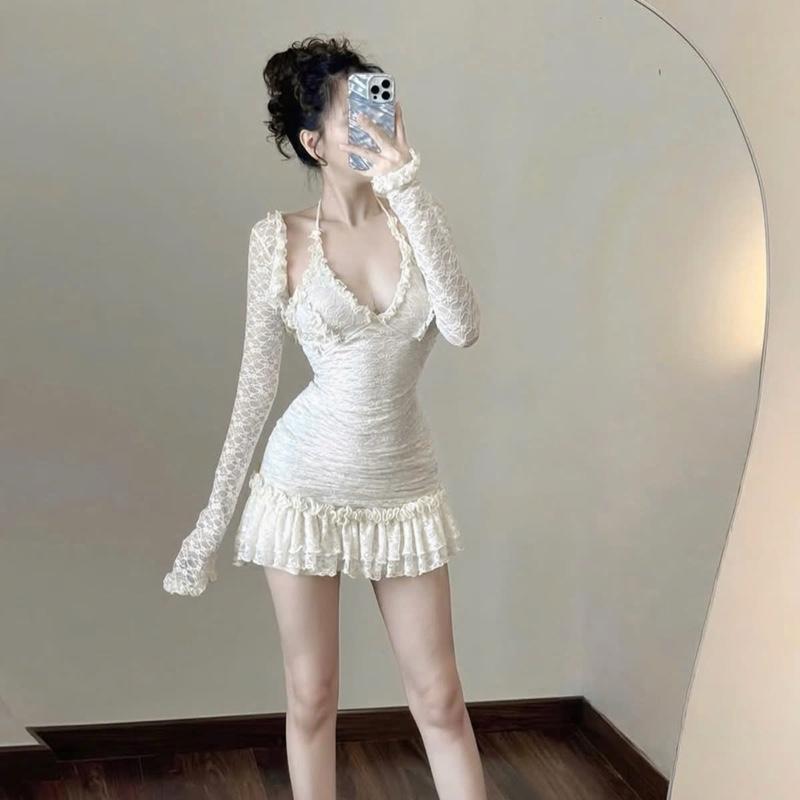 Đầm Hai Dây Kiểu Bra Dáng Ôm Body TRANGCLOTHINGG Phối Kèm Áo Khoác Ren Tay Dài S083