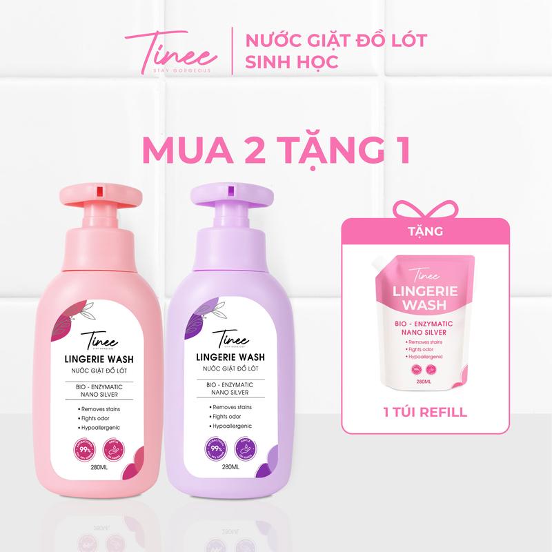 MUA 2 TẶNG 1 Nước Giặt Đồ Lót Chuyên Dụng Tinee - Nano Bạc Hạn Chế Nấm Khuẩn 280ml chai + Tặng 1 Túi Refill 280ml túi