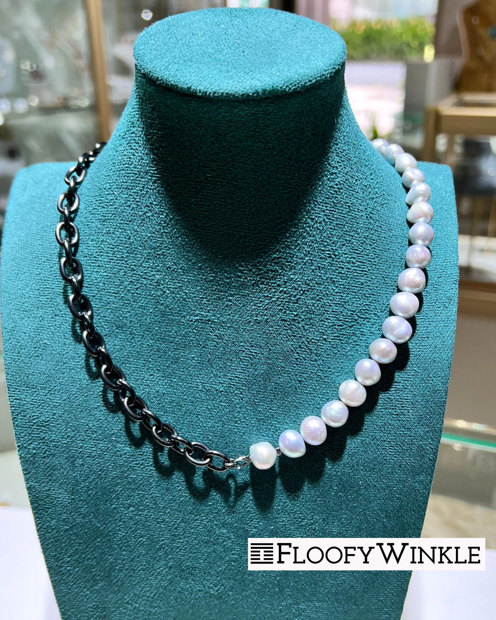 Eclectic Half Grey Freshwater Pearl Necklace with Black Plated Stainless Steel Chain - Unisex