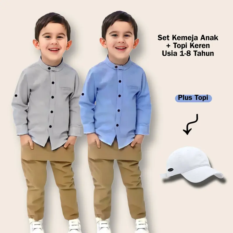 [3 in 1] Setelan Kemeja Anak Plus Topi Usia 3-8 Tahun 0