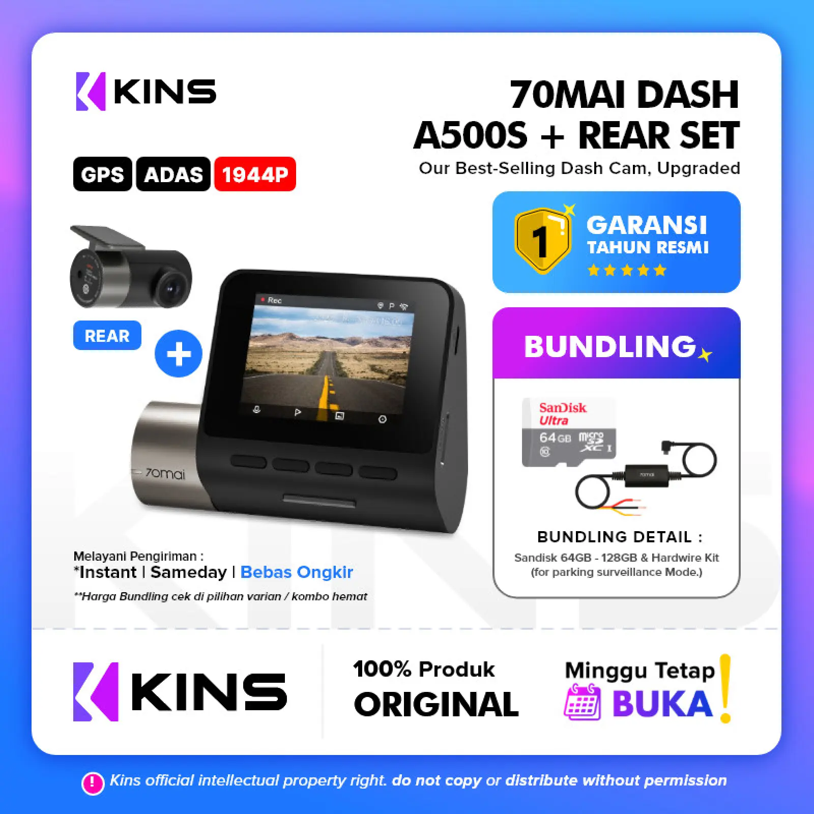 70mai Dash Cam Pro Plus A500S 1944P - GPS ADAS + Rear Set Global Ver
