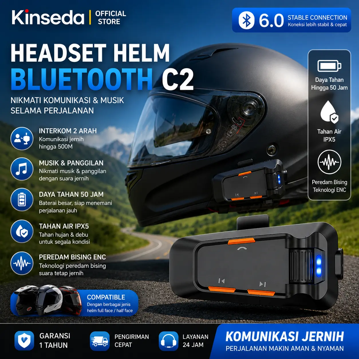 KINSEDA C2 Motorcycle Helmet Bluetooth Intercom Jarak 520m Baterai 50 Jam ANC Suara Jernih Untuk Touring Komunikasi Tim