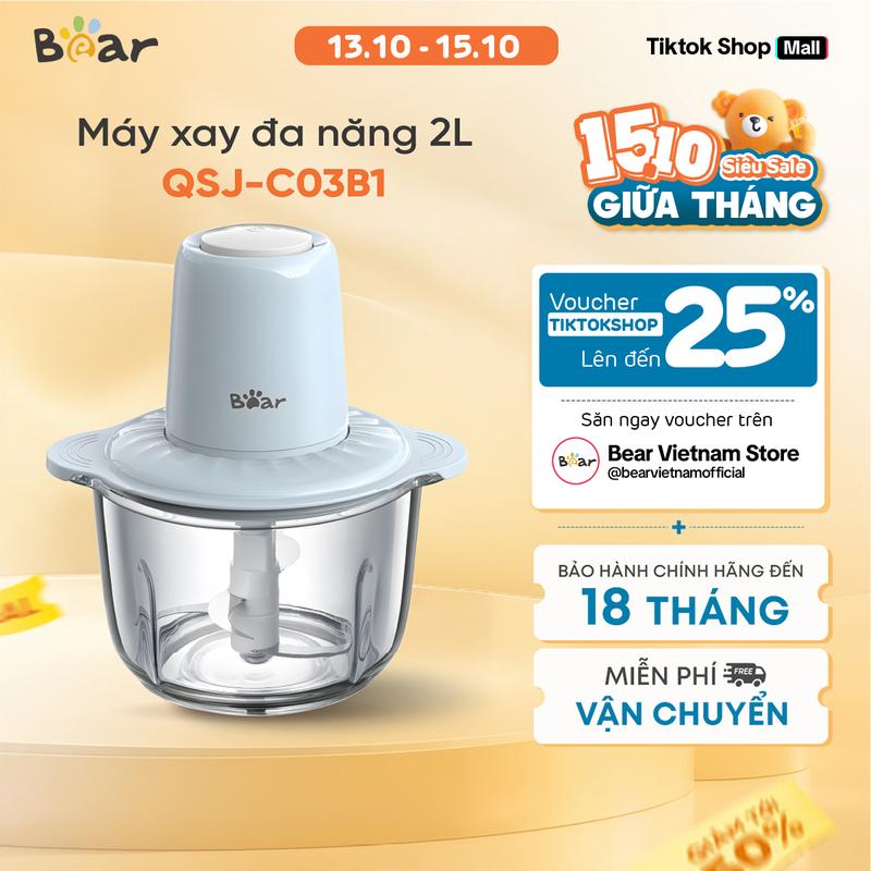 Máy xay thực phẩm đa năng Bear 2L QSJ-C03B1  [KHÔNG CÓ GIOĂNG CAO SU] - Bản Tiếng Việt