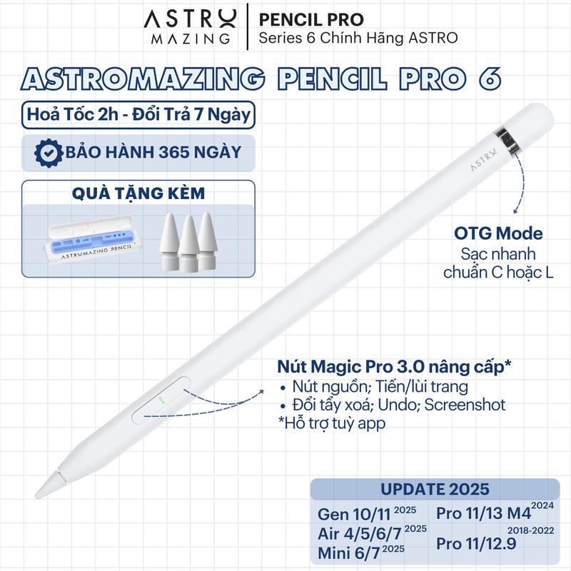 [Pencil Pro 2026] Bút Stylus AstroMazing Pencil Pro 6 chống chạm nhầm vẽ nét thanh đậm cho iPad