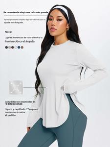 Top de manga larga de alta elasticidad para mujer, camisa casual con cuello redondo y dobladillo dividido para uso diario, gimnasio, yoga y correr, moda otoño invierno