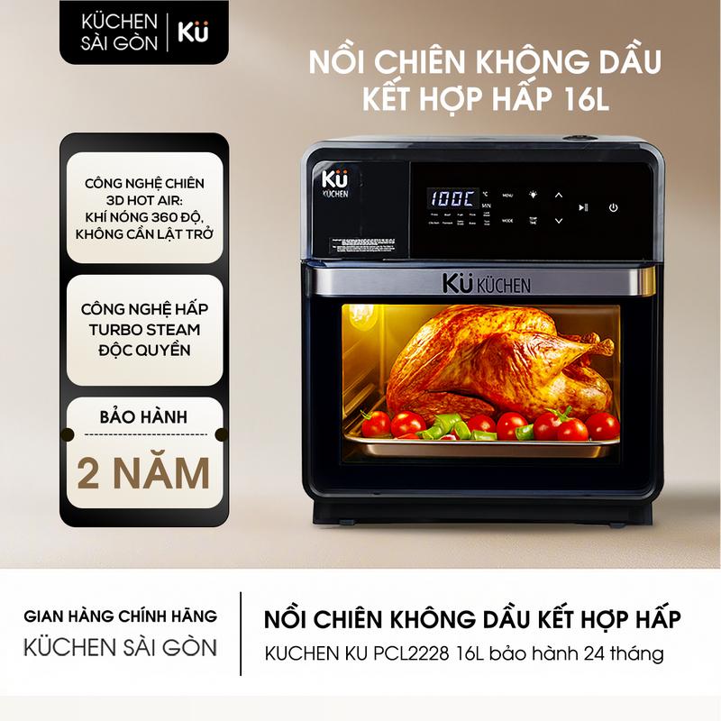 Nồi Chiên Không Dầu Kết Hợp Hấp KUCHEN PCL2228 Lòng Inox 304 16L Bảo Hành 2 Năm Đa Năng Nướng Hấp Luân Phiên