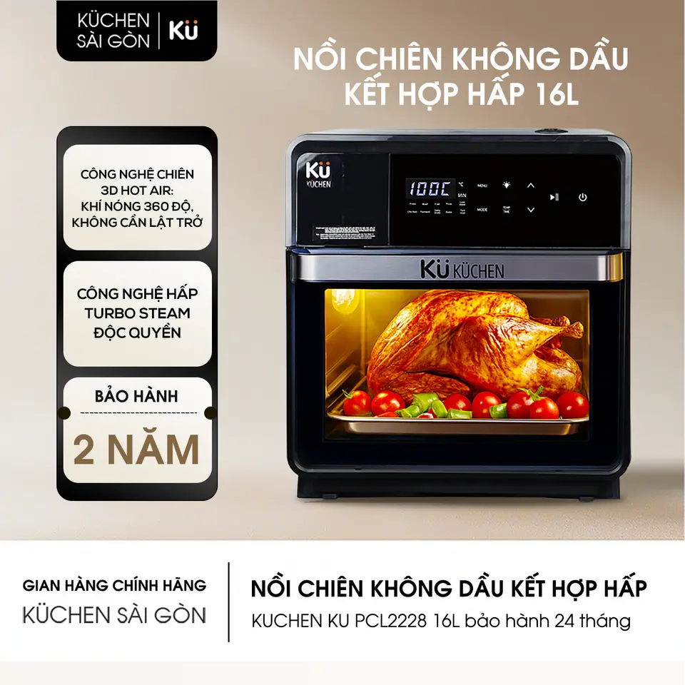 Nồi Chiên Không Dầu Kết Hợp Hấp KUCHEN PCL2228 Lòng Inox 304 16L Bảo Hành 2 Năm Đa Năng Nướng Hấp Luân Phiên