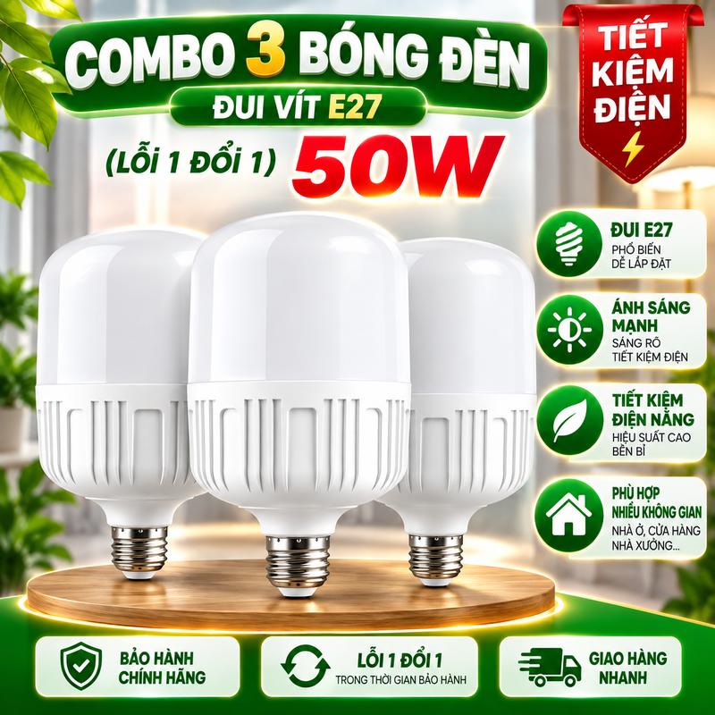 Combo 3 Bóng Đèn LED 50W Siêu Sáng, Đui E27 Siêu Sáng, Nguồn 220V, Ánh Sáng Trắng
