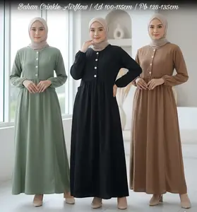 Lylia Dress Gamis Crinkle Muslim Syari Model Kancing Lengan Kerut Busui Friendly Nyaman Ibu Wanita Dewasa Variasi Basic Mewah