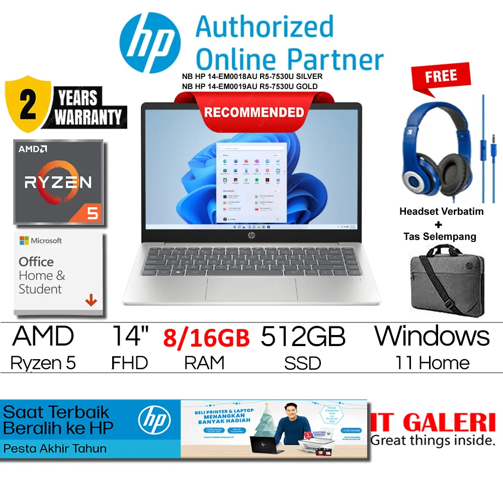 Laptop HP 14 EM0018AU/EM0019AU AMD Ryzen 5-7530U/RAM 8GB atau 16GB/Storage SSD 512GB/Layar 14.0 fhd/Windows 11 Home + Office2021