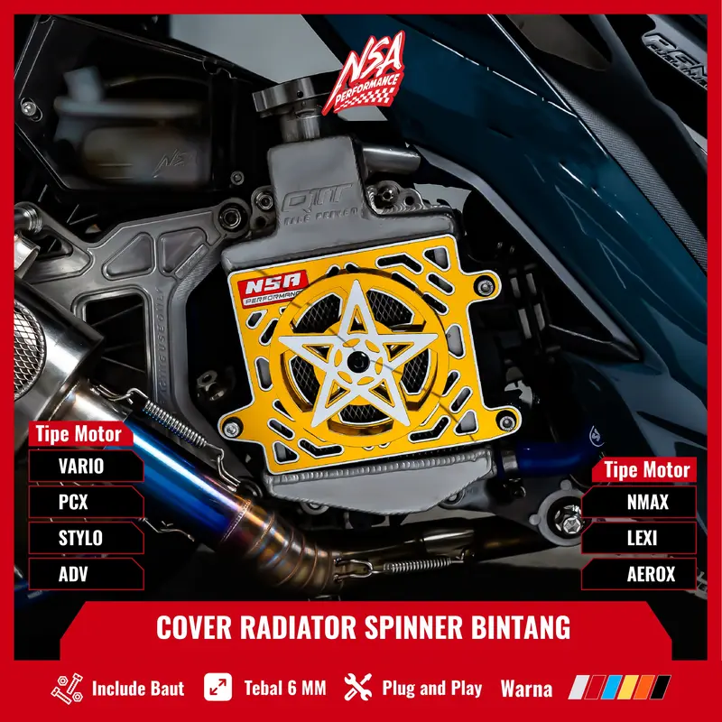 NSA COVER RADIATOR SPINER BINTANG MIRROR VARIO PCX NMAX AEROX ADV LEXI STYLO Tutup Radiator Spinner Bintang Yamaha Honda 125/150/160 Aksesoris Motor NSA PERFORMANCE Roda Motorcycle cover  radiator Gold Karet 2