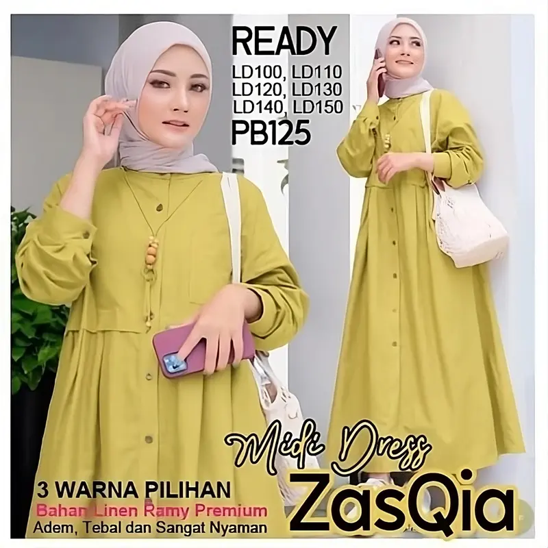 Midi Dres Zasqia Muslim Wanita Friendly Wudhu Variasi Kancing Kain Linen Rami Premium 2