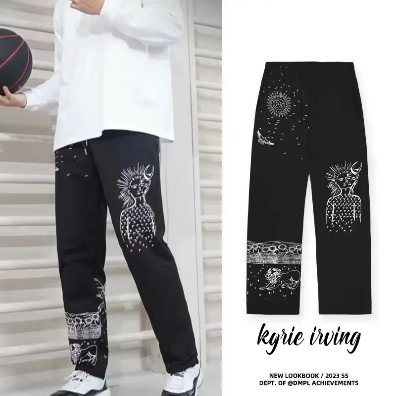 2024 New Black White Men's Basketball Pants Kyrie Irving Printed Indiana Style American Style Thickened Straight Sports Pants