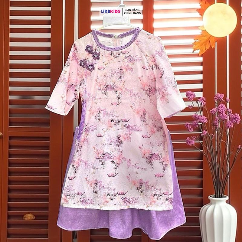 Áo dài với chân váy chất lụa cho bé gái họa tiết BỨC TRANH LikeKids D85