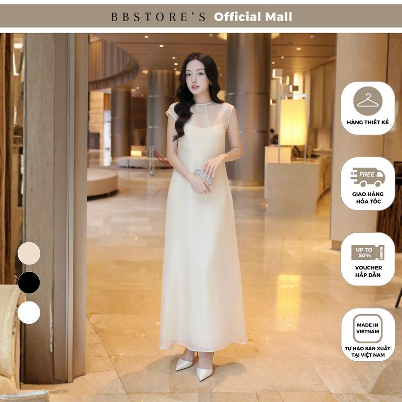 BBSTORE'S Đầm Suông Tiệc Dài Hai Dây Lụa Phối Tơ Voan - D4462T