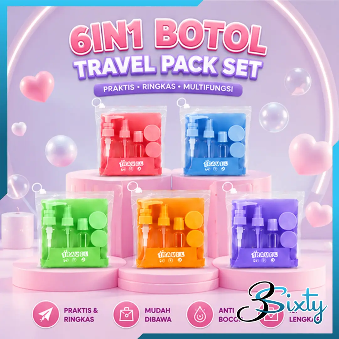 Travel Kit Botol Refill Set 6 in 1 Tempat Refill Tas Botol Wadah Isi Ulang Sabun Shampoo Cair Lotion Kosmetik Skincare Sunscreen Wajah Perlengkapan Travel Sport Bag Set Mini Praktis Pouch Botol Liburan Anti Tumpah