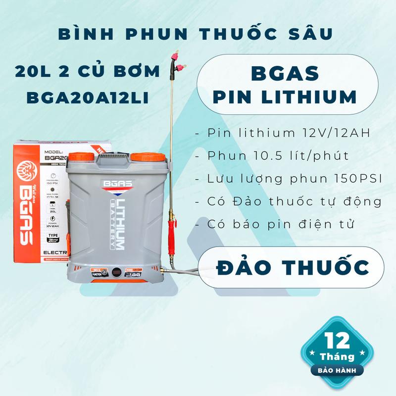 Bình xịt điện Pin lithium 20L 2 củ bơm BGAS BGA20A12LI báo pin diện tử pin 12v 12ah phun 10.5 lít phút