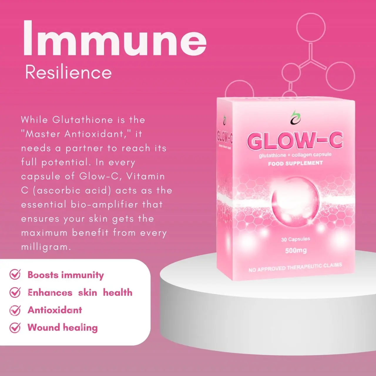 glutathione with collagen and vitamin c food supplement capsule GLOW-C Glutathione + Collagen + Zinc Food Supplement Capsule