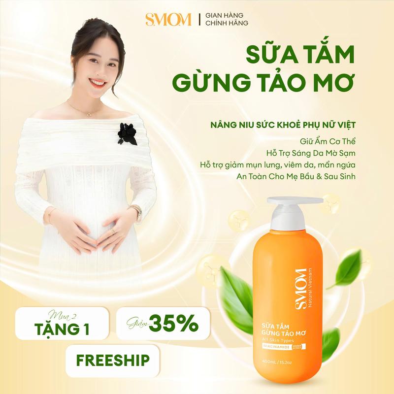  Sữa Tắm Gừng Tảo Mơ SMOM 450ML - Hỗ Trợ Làm Sáng Da Giữ Ấm Cơ Thể Giúp Cải Thiện Mụn Lưng 
