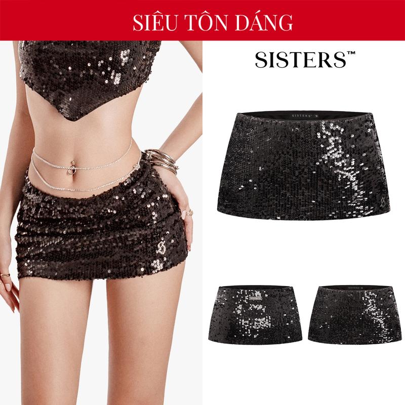 Chân váy ngắn ôm kim sa lấp lánh SISTERS thiết kế logo inox sang trọng màu đen siêu tôn dáng Sibel | SS-S51-V