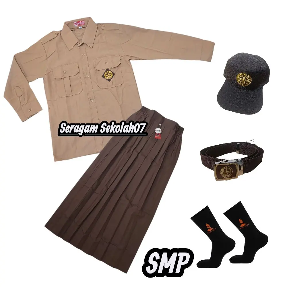 Seragam Pramuka Sekolah SMP Perempuan Baju Pramuka Penggalang Lengan Panjang Kantong Atas Rok Rempel Coklat Panjang dengan Topi dan Sabuk