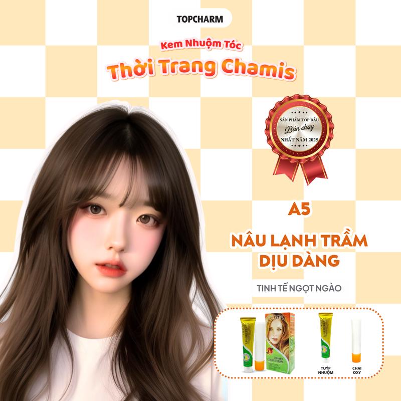  TOPCHARM Kem Nhuộm Tóc Màu NÂU LẠNH TRẦM A5 Phủ Bạc Chamis Lên Màu Chuẩn Siêu Dưỡng Kèm Oxy Bao Tay Lược Đổi Màu Tóc 